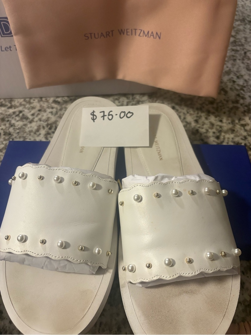 Stuart Weitzman White Pearl-Stud Slide Mules